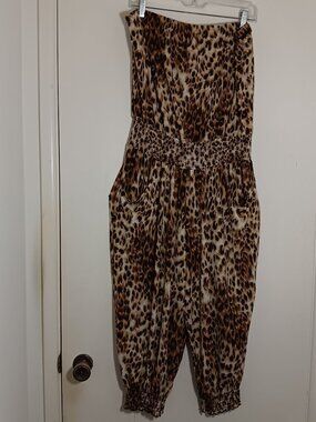 Drama gold leopard print strapless cropped jumpsuit womens 3X pockets